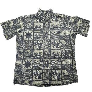 Reyn Spooner Shirt Mens Medium Green Black Hawaiian Aloha Floral Surf Button Up